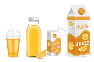Orange juice packaging container mockup set, vector illustration. Glass bottle, plastic cup, carton pack templates