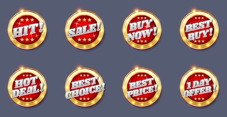 Sale badge, tag, label, sticker, vector illustration. Realistic glossy hot deal, buy now, best price choice banner, sign