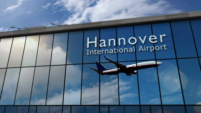 Jet aircraft landing at Hannover, Germany 3D rendering animation. Arrival in the city with the glass airport terminal and reflection of the plane. Travel, business, tourism and transport concept.