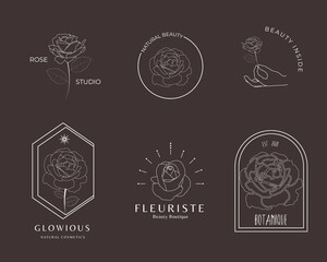 Hand-drawn linear rose flower logo collection