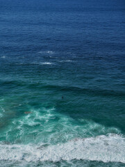 A surfer waits for the waves in the middle of the sea in a sunny day.