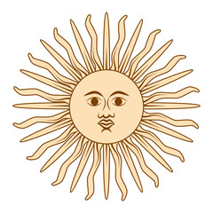 Magic concept, vintage sun with face, gold and black, engraving stylized. Illustration for astrology, boho design, pagan symbols for divination.