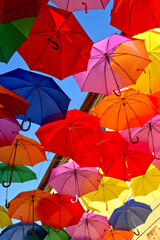 Fototapeta na wymiar Low Angle View Of Colorful Umbrellas in Agueda, Portugal