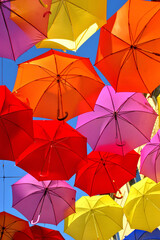 Low Angle View Of Colorful Umbrellas in Agueda, Portugal