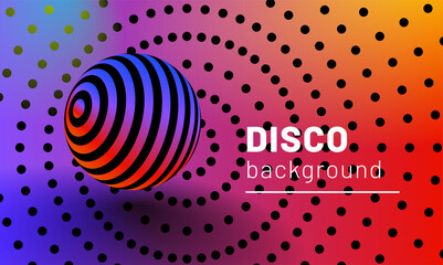 Bright multi-colored background with volume striped sphere, radial halftones and text. Trendy design for poster, presentation, website etc. Eps10 vector.