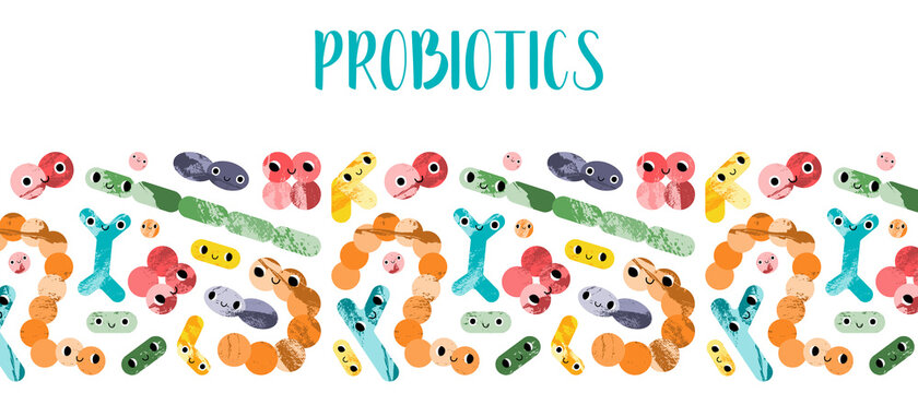 Cute lactic acid bacteria character. Probiotics. Good kawaii microorganism for gut, intestinal flora health. Bifidobacterium, lactobacillus, lactococcus, thermophilus streptococcus. Vector cartoon set