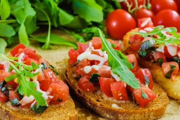 Food italian bruschetta basil appetizer. garlic toasted.
