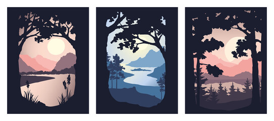 Landscapes with mountains, trees, and pines. Scandinavian nature in a frame of trees. Three vector illustrations.	