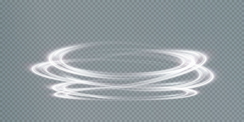 Abstract vector light lines swirling in a spiral. Light simulation of line movement. Light trail from the ring. Illuminated podium for promotional products. - obrazy, fototapety, plakaty
