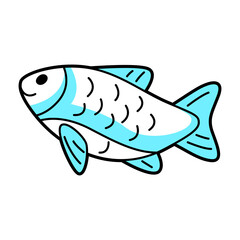 Illustration of cute little blue fish. Cartoon icon.