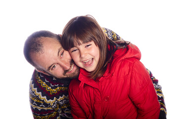 father and daugther happy and smiling with empty board. white background