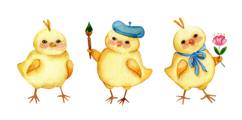 Set of watercolor illustrations of little cute yellow chickens. Rooster artist, chick with a flower. Easter, religion, traditions. Isolated over white background. Drawn by hand.