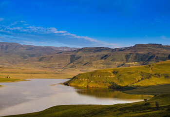 Drakensberg mountain escarpment and bell park dam around Cathkin park in Kwazulu natal South Africa