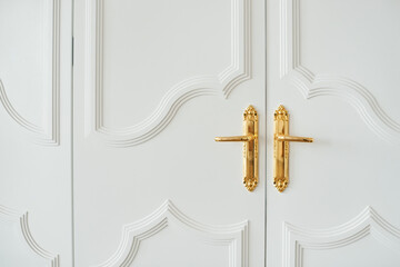 Close-up of white baroque doors with classic golden handles and ornaments. Beauty in...
