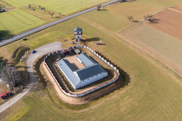 Bird's eye view of the replica of a Roman fort on the Limes near Pohl / Germany 