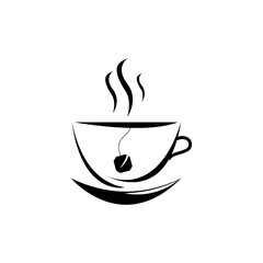 Black-white silhouette of a cup of tea on a white isolated background. Flat design. Icon, sign, etc. For a wide range of applications in design.