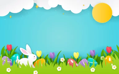 Foto op Plexiglas Happy Easter Background Vector illustration. White rabbit and easter eggs in spring meadow on blue sky background. Paper art style © Farosofa