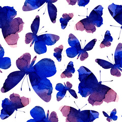 Watercolor seamless pattern purple silhouettes of butterflies. Abstract background with insects isolated on white background. Drawn by hand.