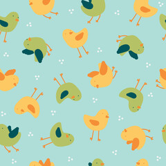 Seamless pattern vector design of some birds flying in varun minimalist, childish and colorful style with green, blue and yellow colors ideal for children's decoration