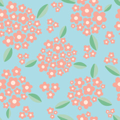 Seamless pattern vector design of pink flowers grouped and arranged with green leaves in a childish and modern style with a blue background