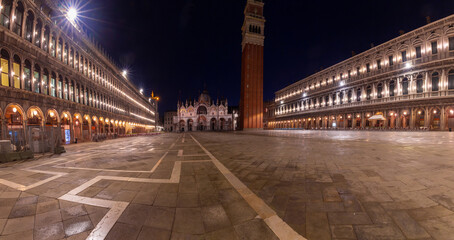Venice. Panorama of Piazza San Marco at night illumination.