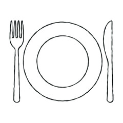 Fork knife and plate icon. Simple flat shape restaurant or cafe place logo sign. Cartoon sketch draw style. Kitchen and diner menu symbol. Vector illustration image.