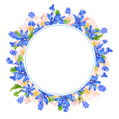Watercolor Vintage Circle Border with pink and blue Spring Flowers. Card design. Invitation. Wedding.