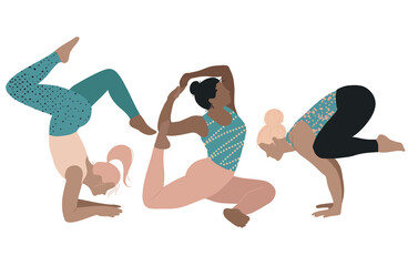 Obraz na płótnie Canvas Set of three women practicing asanas, yoga poses