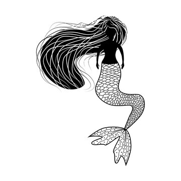 Beautiful mermaid in zentangle style, patterned mermaid tail, anti stress coloring book for adults.