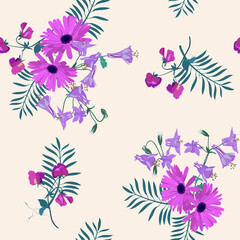 Seamless vector illustration with gerberas, sweet pea and aquilegia on a pink background.