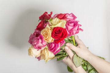 The woman's hands are holding a beautiful bouquet of fresh multicolored roses