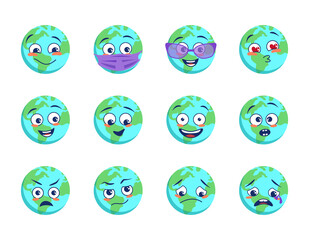 Earth planet icons set with different emotions, medical mask and goggles isolated on white background. World Earth Day. Vector cartoon flat illustration.