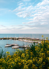 Pier with moored sail boats scenic view.