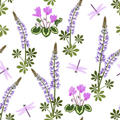 Seamless summer pattern with lupine, cyclamen and dragonflies. Vector illustration.