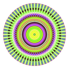 Creative multicolored points round symbol. Abstract symmetrical logo. Mosaic colorful beautiful beads. Circle dots modern pixel floral art icon. Colored pattern ornament wheel decorative illustration.