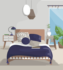 The interior of the bedroom in Boho style. The bedroom is decorated in beige tones with blue and green accents. A bed with a large headrest. Design element, layout, illustration.