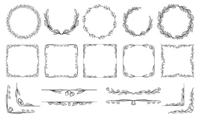 Frame and Wreath with flowers set. Floral collection for greeting card, invitation and other printing design. Isolated on white background. Hand-drawn vector illustration