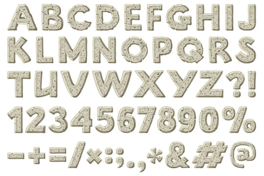 Cartoon old gray rock alphabet font, punctuation marks. Stone age character letters. Capital letters and numbers isolated on white background. Vector objects.