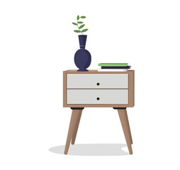 A nightstand with drawers ,a stack of books, and a vase with a plant .Wooden objects. An interior item. Design element, layout, illustration, print. Vector illustration.