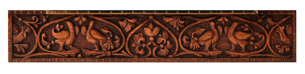 background: woodcarving fragment of a wooden homemade casket closeup. High quality photo