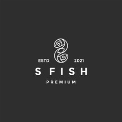 Fish symbol  Fresh seafood logo template design. Vector illustration  S logo. on black background