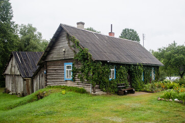 Russian Old Believers village in Latvia, Slutiski. Beautiful wooden house.