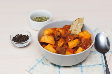 Traditional hungarian goulash. Beef stew with potatoes, carrots and spices