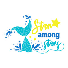 The mermaid dreams of swimming in the sky among the stars. Mermaid tail card with water splashes, stars.