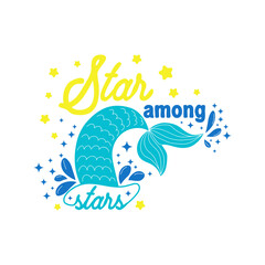 The mermaid dreams of swimming in the sky among the stars. Mermaid tail card with water splashes, stars.