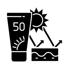 Skin protection black glyph icon. Sunscreen with SPF. Prevent sun burning. Safe tanning. Sunblock for summer. Cancer prevention. Silhouette symbol on white space. Vector isolated illustration