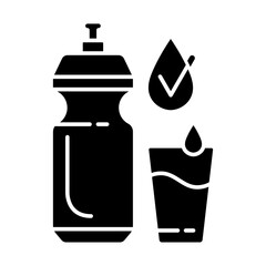 Drinking enough water black glyph icon. Stay hydrated. Refreshment from liquid intake. Fitness exercise. Body and skin care. Silhouette symbol on white space. Vector isolated illustration