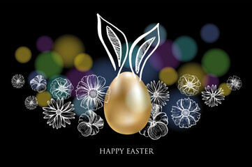 Happy Easter. Rabbits's ears, Gold eggs. Hand drawn style. Vector illustrations.	