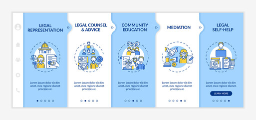 Legal services categories onboarding vector template. Responsive mobile website with icons. Web page walkthrough 5 step screens. Legal representation color concept with linear illustrations
