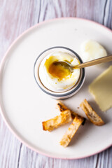 healthy snack: crumpled egg with croutons top view